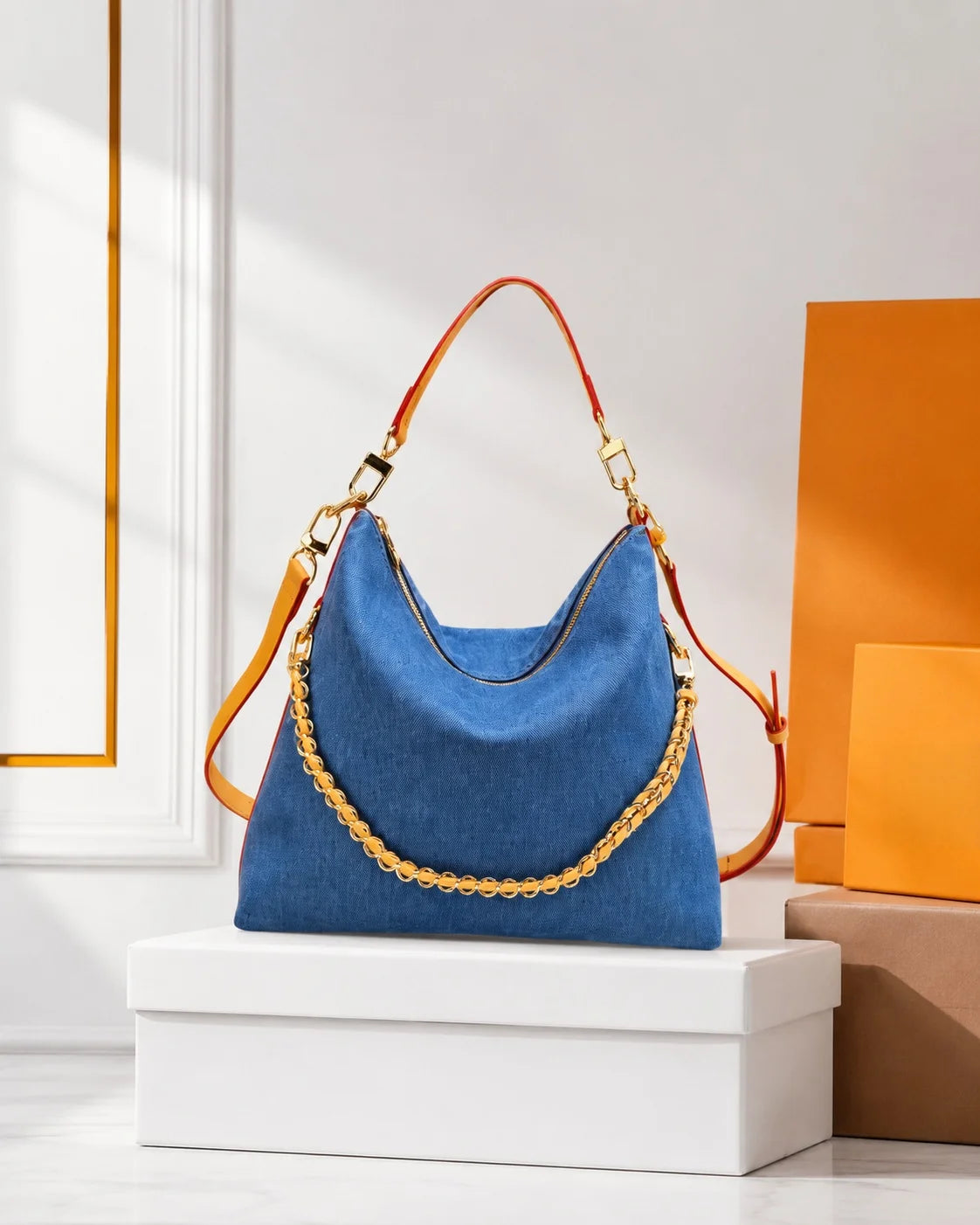 Large Capacity Canvas Hobo Handbag With Contrast Color And Main Zipper Closure
