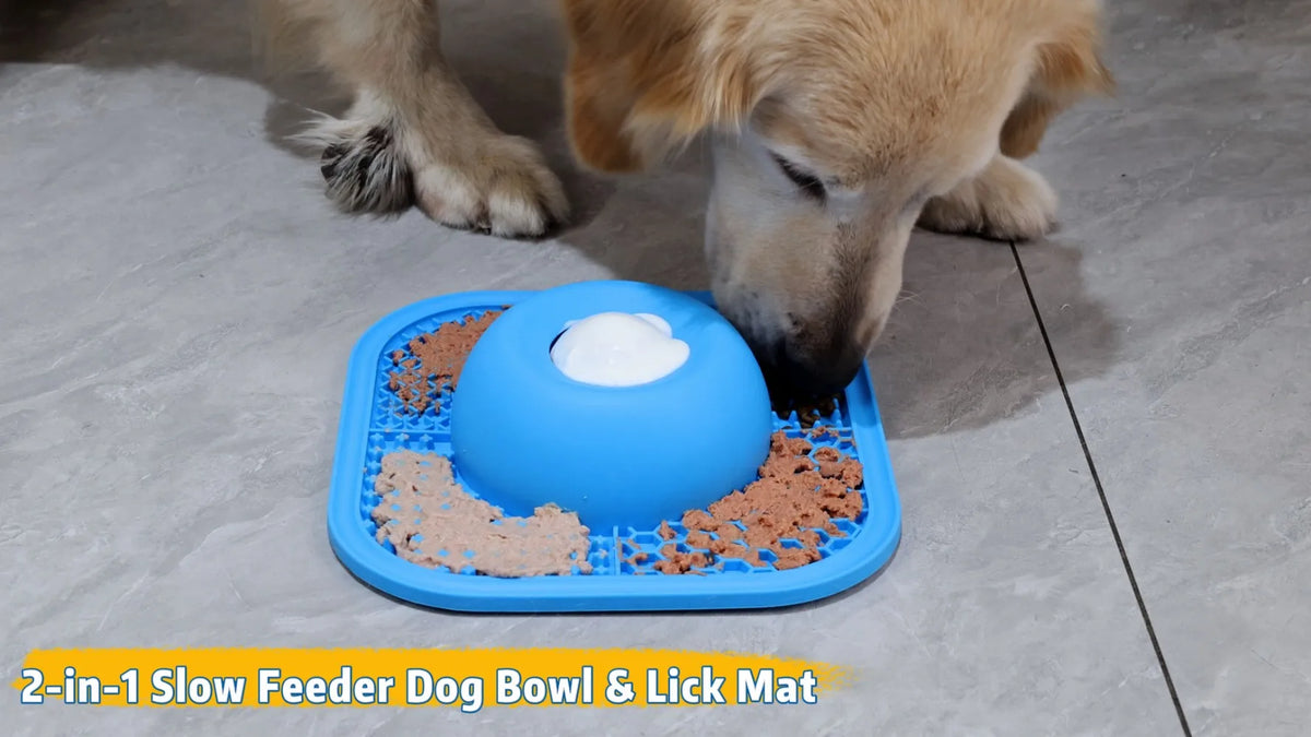 Slow Feeder Dog Bowls & Lick Mat for Liquid and Thick Treat, Anti-Slip Dog Lick Bowl with Interactive Rolling Ball, 5/6 Cup Pup Licking Toy for Large Medium Small Dogs and Cats Blue
