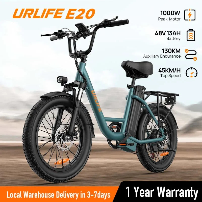 URLIFE 750W E20 Electric Bike | 48V 13Ah Removable Battery, 20MPH, 20''X3" Fat Tire, 7-Speed E-Bike with Dual Disc Brake