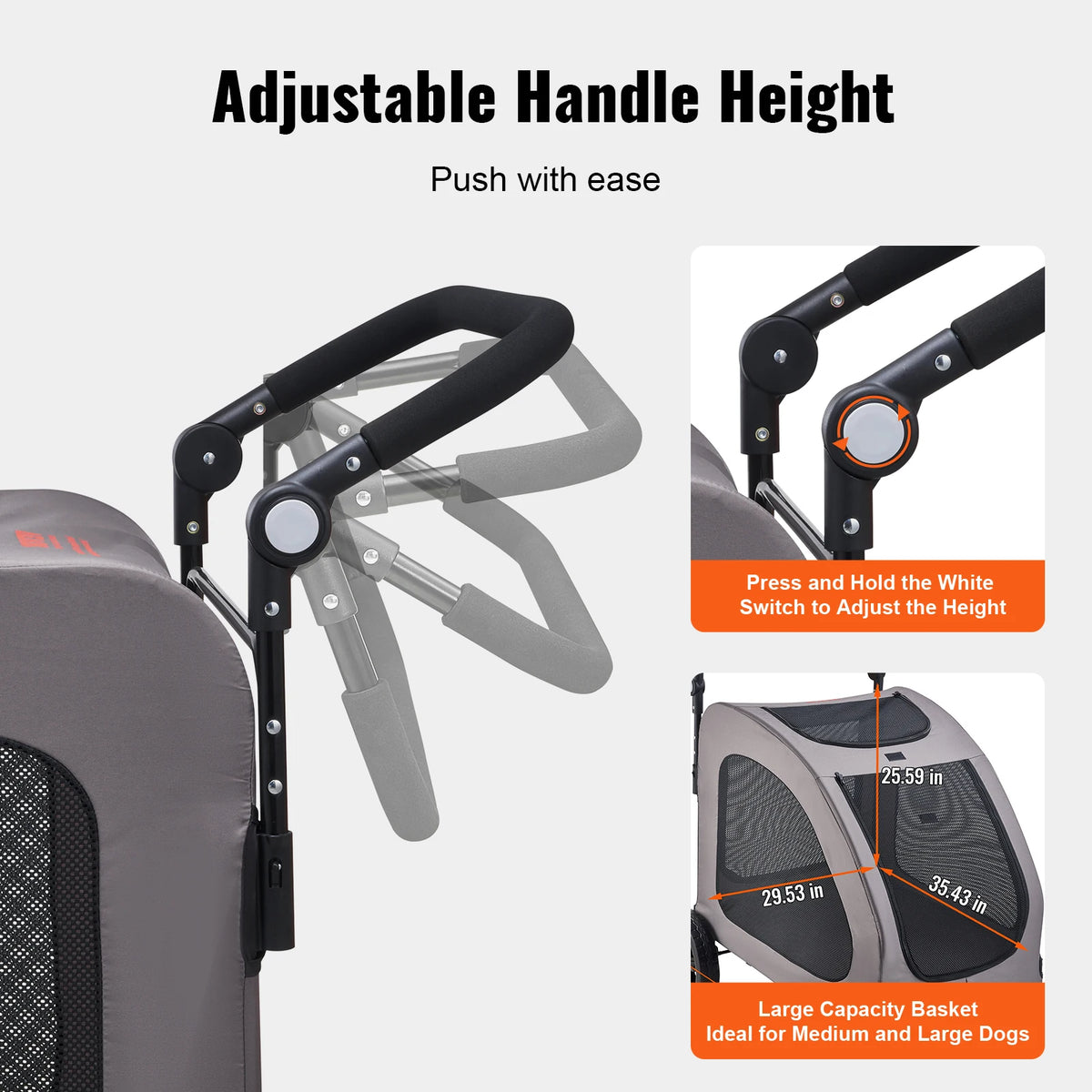 SucceBuy Pet Stroller 4 Wheels Dog Stroller with Brakes, 160lbs Weight Capacity Adjustable Height Animal Stroller for Cats &Dogs
