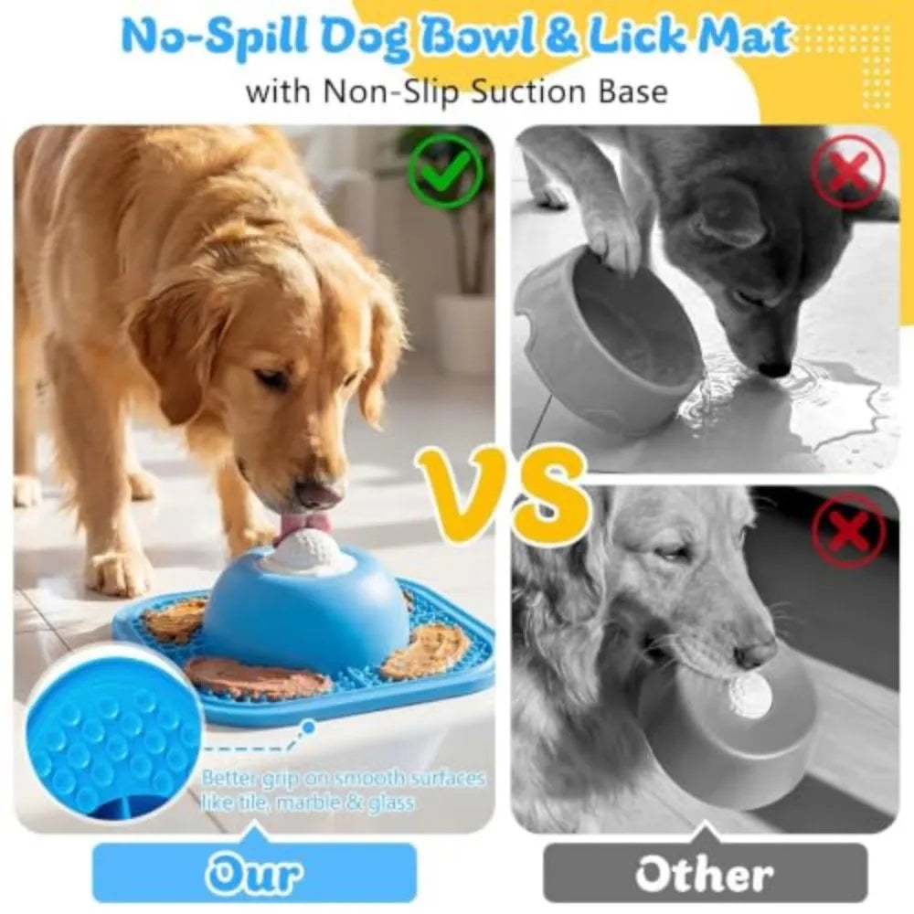 Slow Feeder Dog Bowls & Lick Mat for Liquid and Thick Treat, Anti-Slip Dog Lick Bowl with Interactive Rolling Ball, 5/6 Cup Pup Licking Toy for Large Medium Small Dogs and Cats Blue