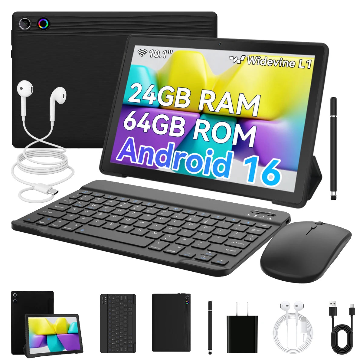 2026 Best New KB10L 10.1 Inch HD Tablet PC Android16‑Go 5‑Core A333 CPU 24GB(3GB+21GB Virtual RAM) 64GB ROM 6000mAh Widevine L1 WiFi6 Bluetooth5.4 Full Accessories Bundle