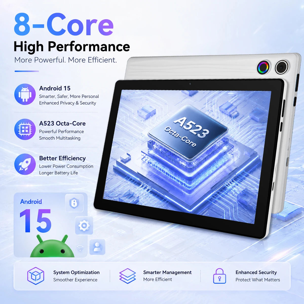 10.1 Inch Android15 Tablet A10,Octa‑Core A523 CPU,20GB(3+17GB Virtual) RAM 64GB ROM,1280*800 IPS Display,Face ID Unlock Dual Speakers WiFi 2.4G&5G Bluetooth5.0 GPS 5000mAh Tablet for Study Entertainment