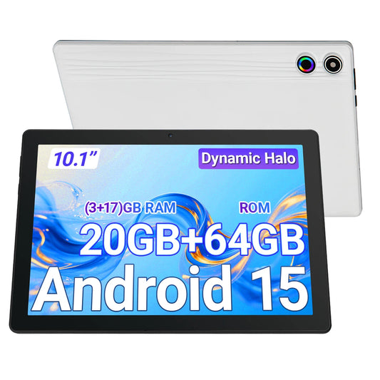 10.1 Inch Android15 Tablet A10,Octa‑Core A523 CPU,20GB(3+17GB Virtual) RAM 64GB ROM,1280*800 IPS Display,Face ID Unlock Dual Speakers WiFi 2.4G&5G Bluetooth5.0 GPS 5000mAh Tablet for Study Entertainment