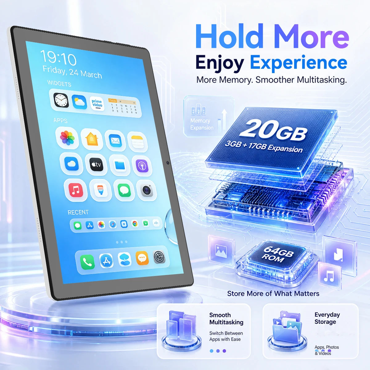 10.1 Inch Android15 Tablet A10,Octa‑Core A523 CPU,20GB(3+17GB Virtual) RAM 64GB ROM,1280*800 IPS Display,Face ID Unlock Dual Speakers WiFi 2.4G&5G Bluetooth5.0 GPS 5000mAh Tablet for Study Entertainment