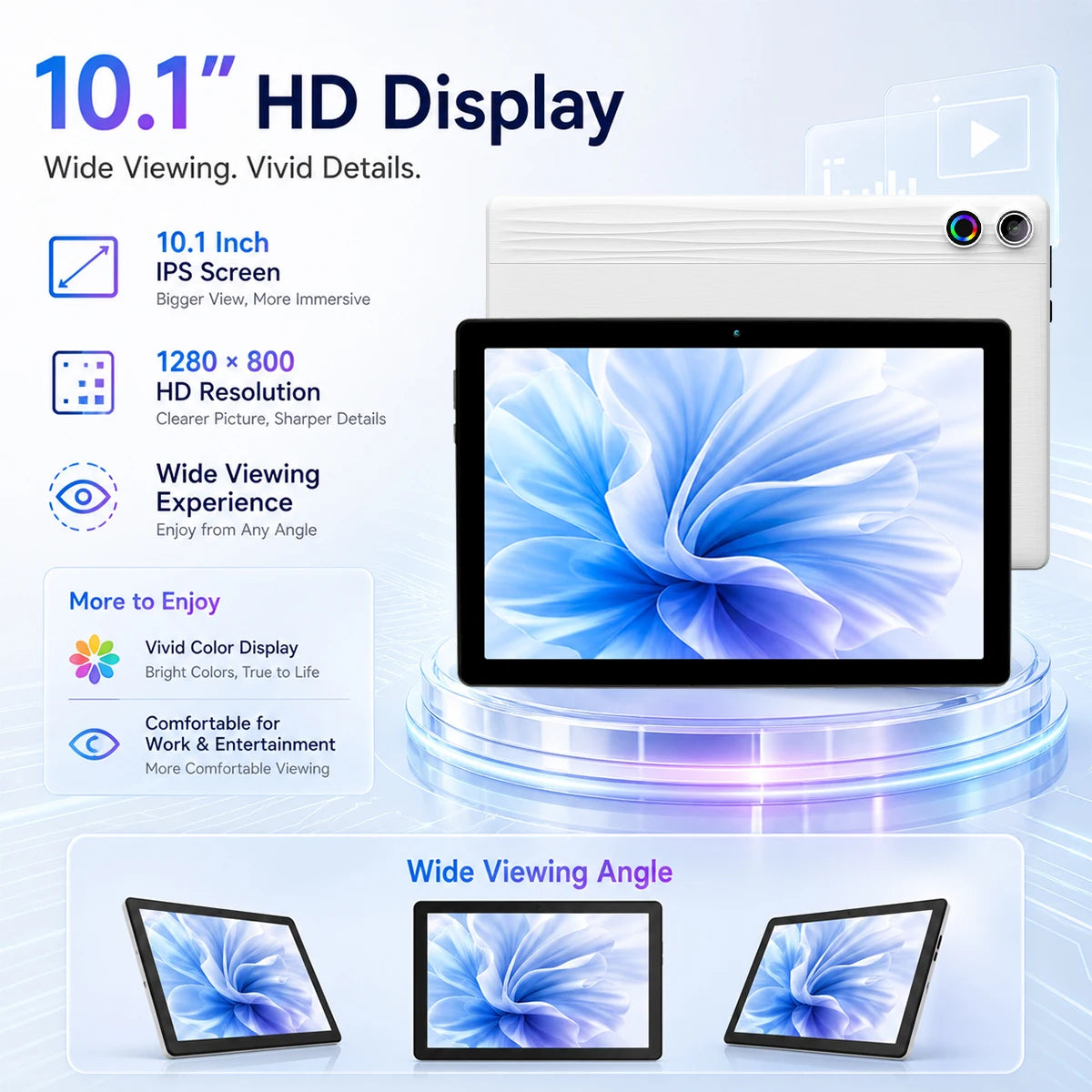 10.1 Inch Android15 Tablet A10,Octa‑Core A523 CPU,20GB(3+17GB Virtual) RAM 64GB ROM,1280*800 IPS Display,Face ID Unlock Dual Speakers WiFi 2.4G&5G Bluetooth5.0 GPS 5000mAh Tablet for Study Entertainment