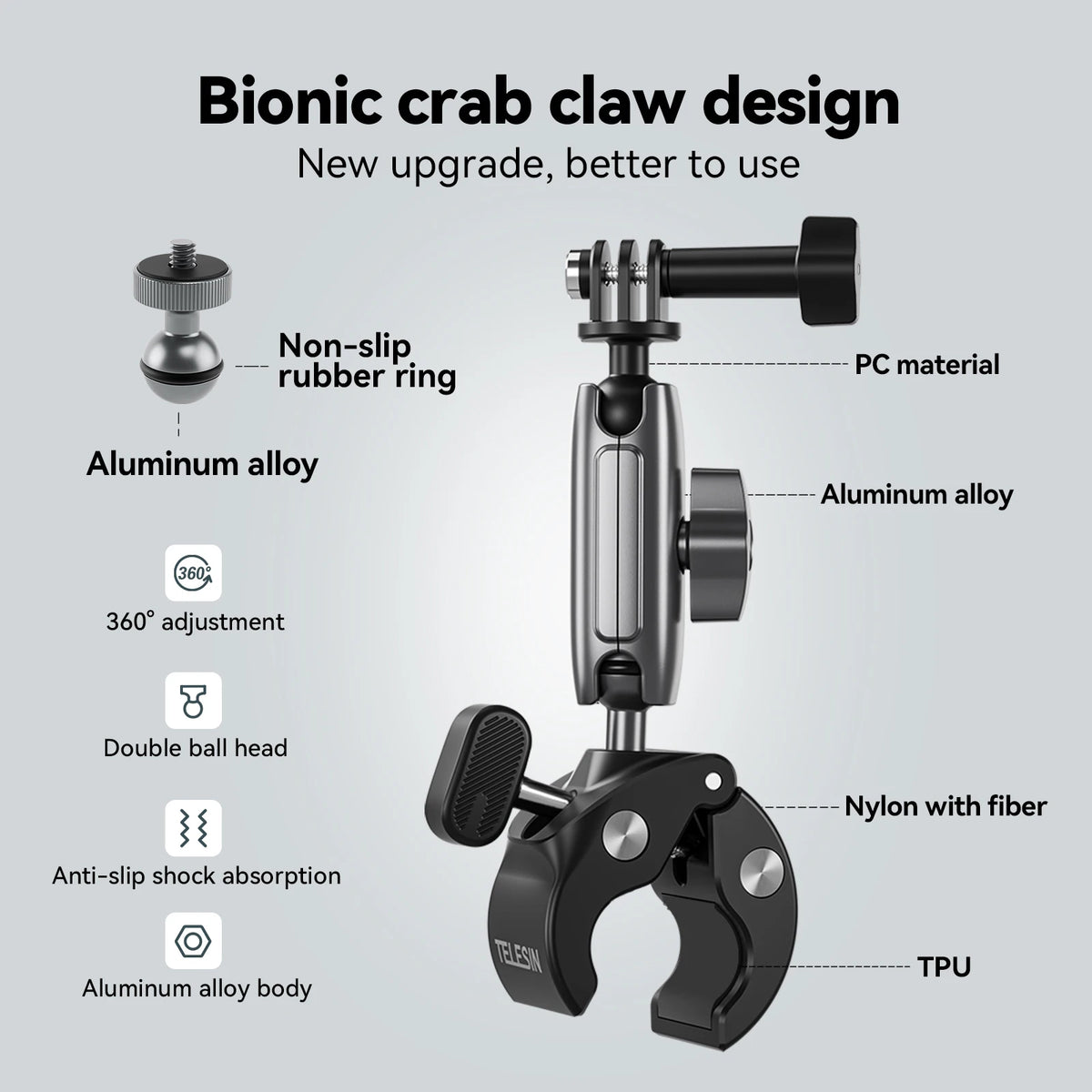 TELESIN Super Clamp Camera Mount Crab Claw with 360° Dual Ball Head Bike Bicycle Motorcycle Handlebar Holder for GoPro Mission 1 Pro DJI Osmo Pocket 4 3 Action 6 5 4 Insta360 Luna Ultra Xtra Muse