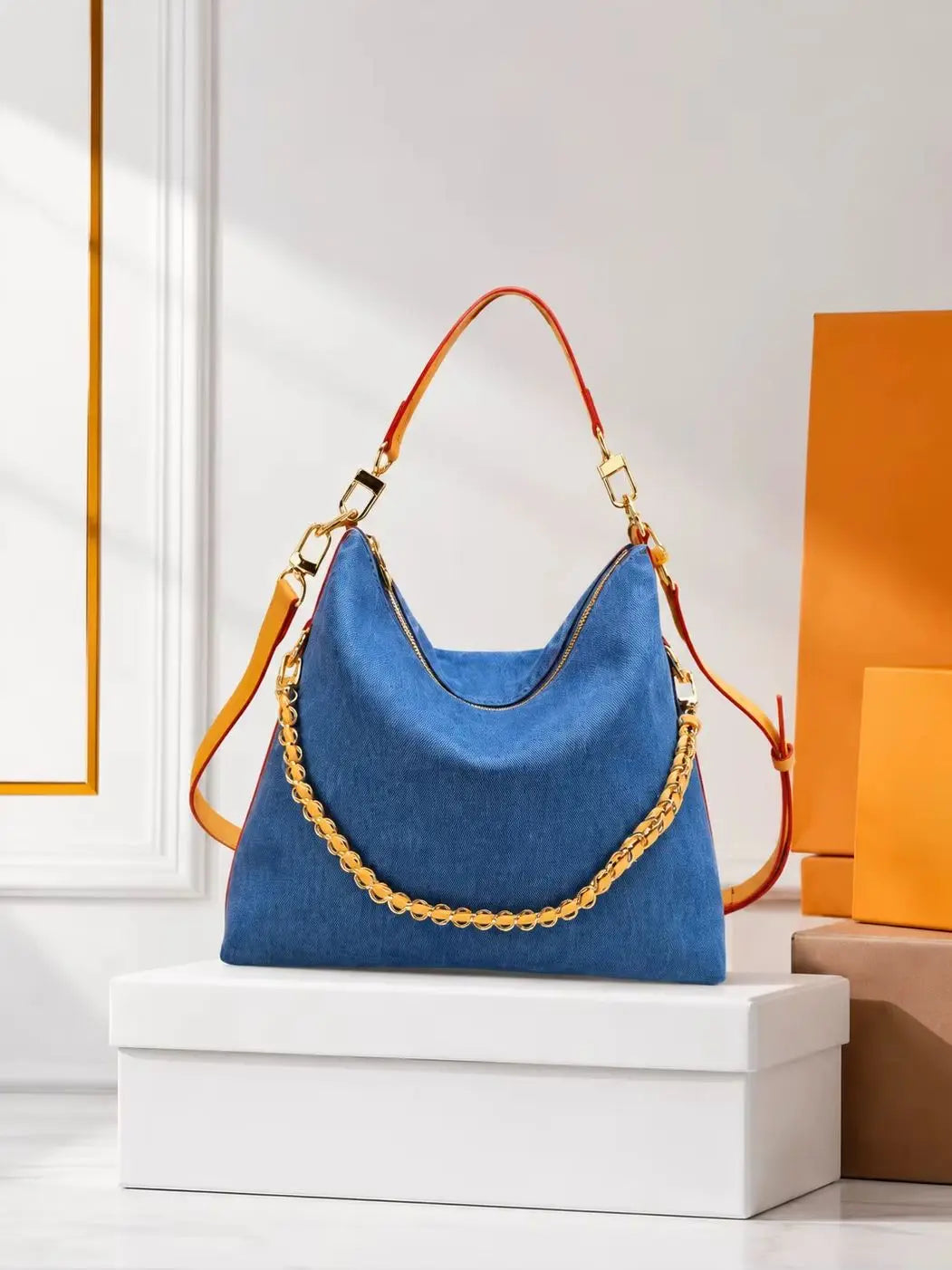 Large Capacity Canvas Hobo Handbag With Contrast Color And Main Zipper Closure