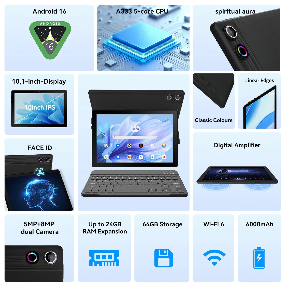 2026 Best New KB10L 10.1 Inch HD Tablet PC Android16‑Go 5‑Core A333 CPU 24GB(3GB+21GB Virtual RAM) 64GB ROM 6000mAh Widevine L1 WiFi6 Bluetooth5.4 Full Accessories Bundle