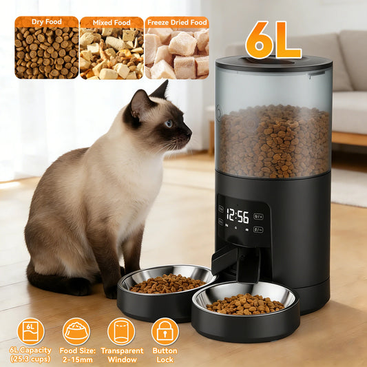 Jhk 6L Automatic Cat Food Dispenser With Stainless Steel Bowls