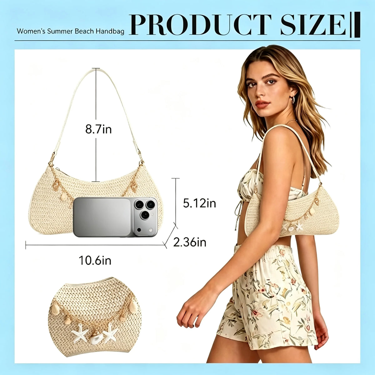 Women's Woven Straw Shoulder Bag With Starfish Shell Pendant