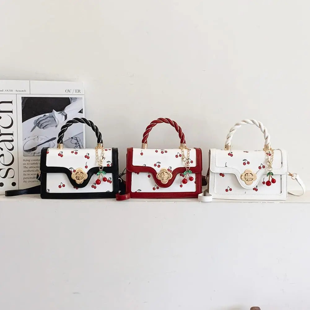 Women Cherry Print Twist Handle Crossbody Handbag With Removable Strap