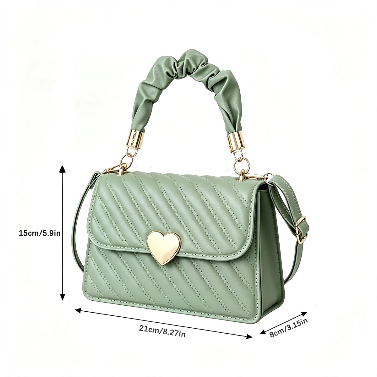 Quilted Crossbody Purse With Heart Lock And Ruched Handle