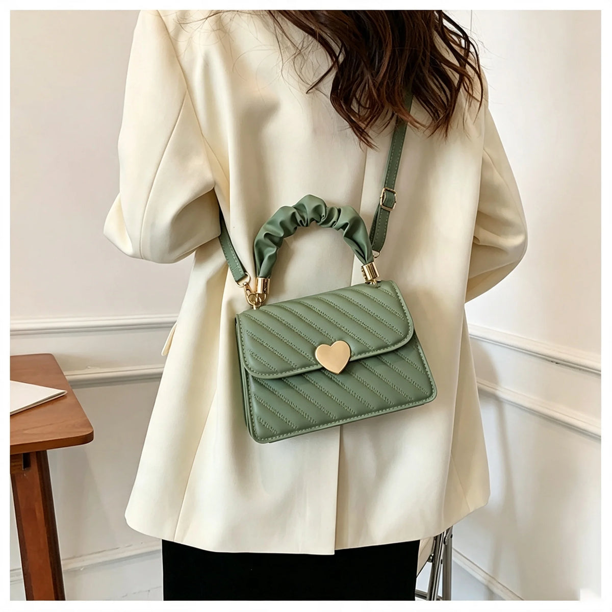 Quilted Crossbody Purse With Heart Lock And Ruched Handle