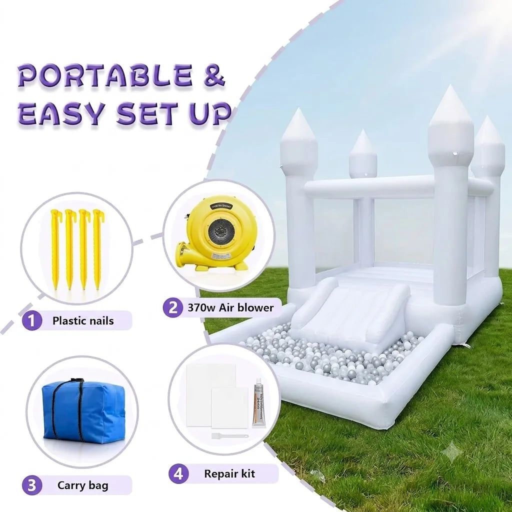 13x8x8ft Inflatable White Bounce House With Slide And Ball Pit