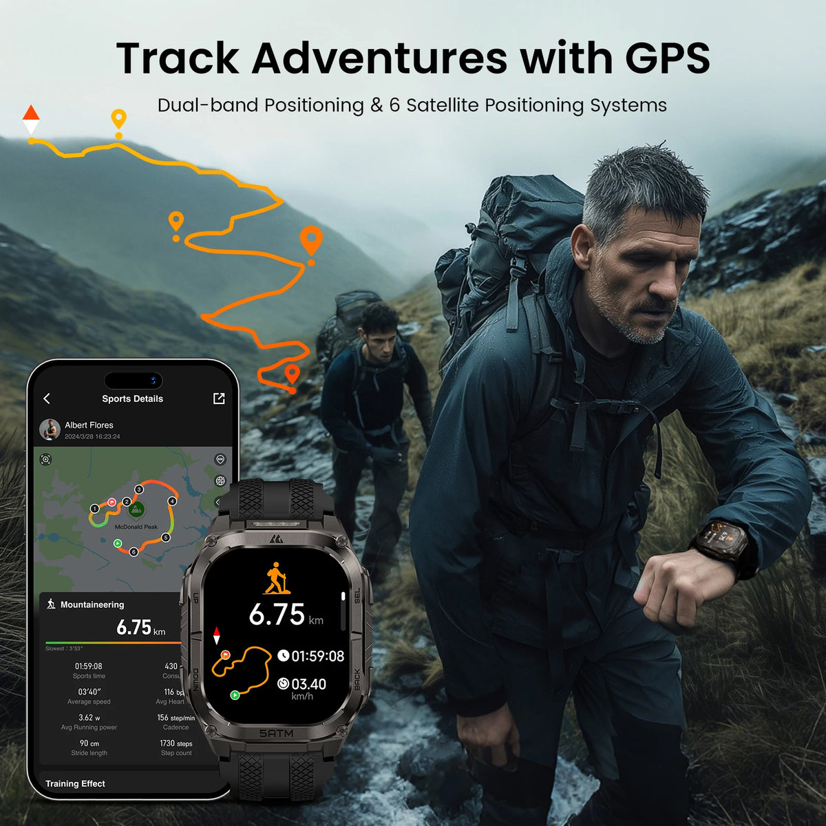 KOSPET Tank M4C GPS Smartwatch Waterproof Flashlight Health Monitor