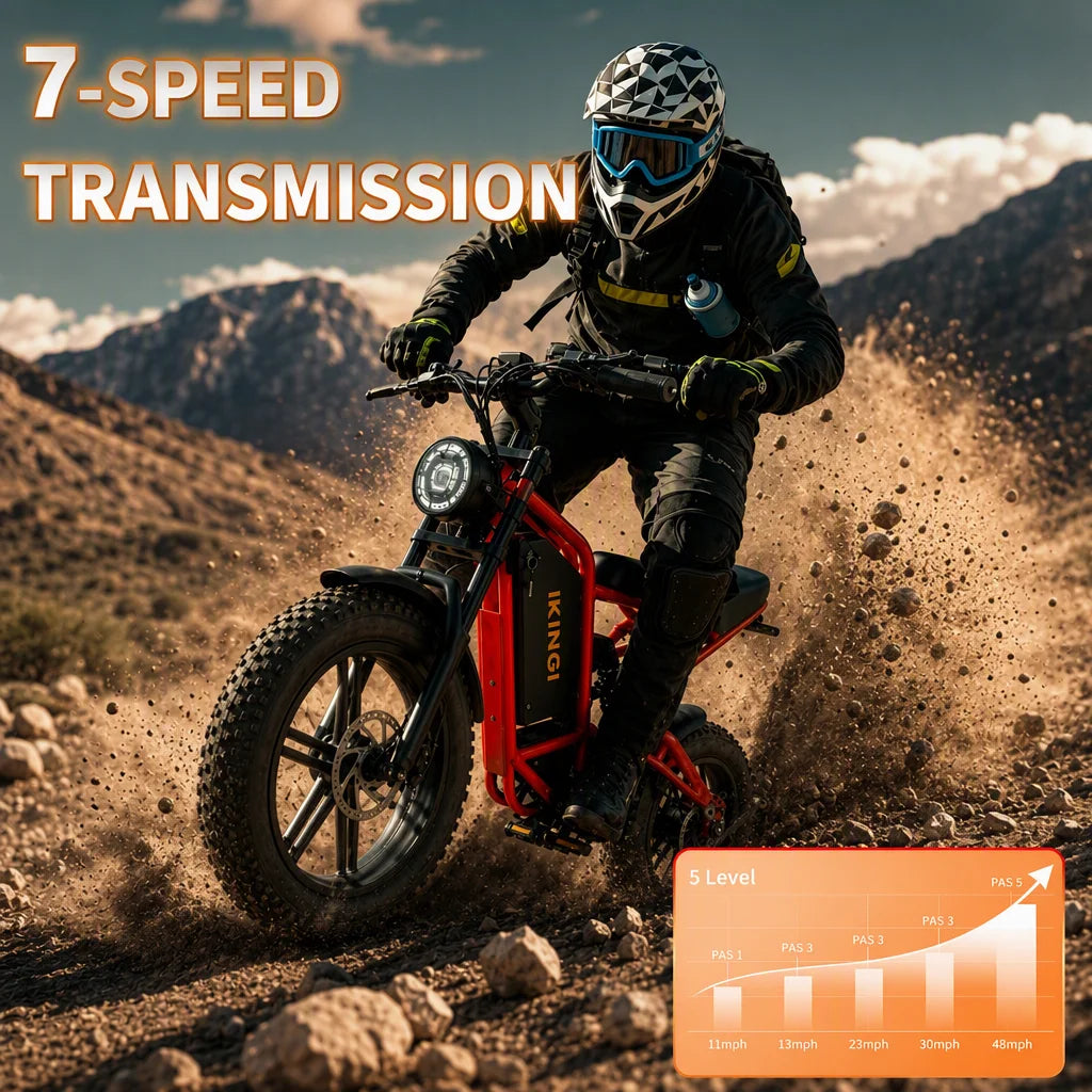 Full Suspension Electric Bike 1500W Peak, 60V 22Ah Long Range Battery, 7-Speed 35MPH Fat Tire Off-Road E-bike for Adults with LCD Display & Bright Headlight