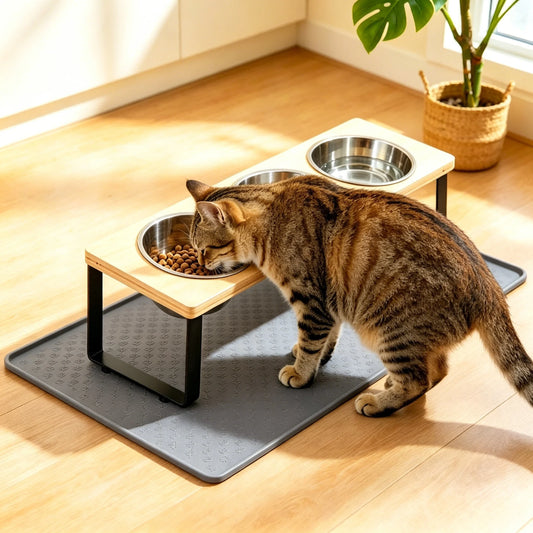 Elevated Bamboo Cat Feeder With Stainless Steel Bowls And Anti-Slip Mat