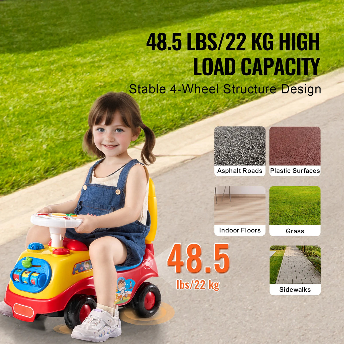 SucceBuy Toddler Ride On Push Car With Music Steering Wheel And Seat Storage