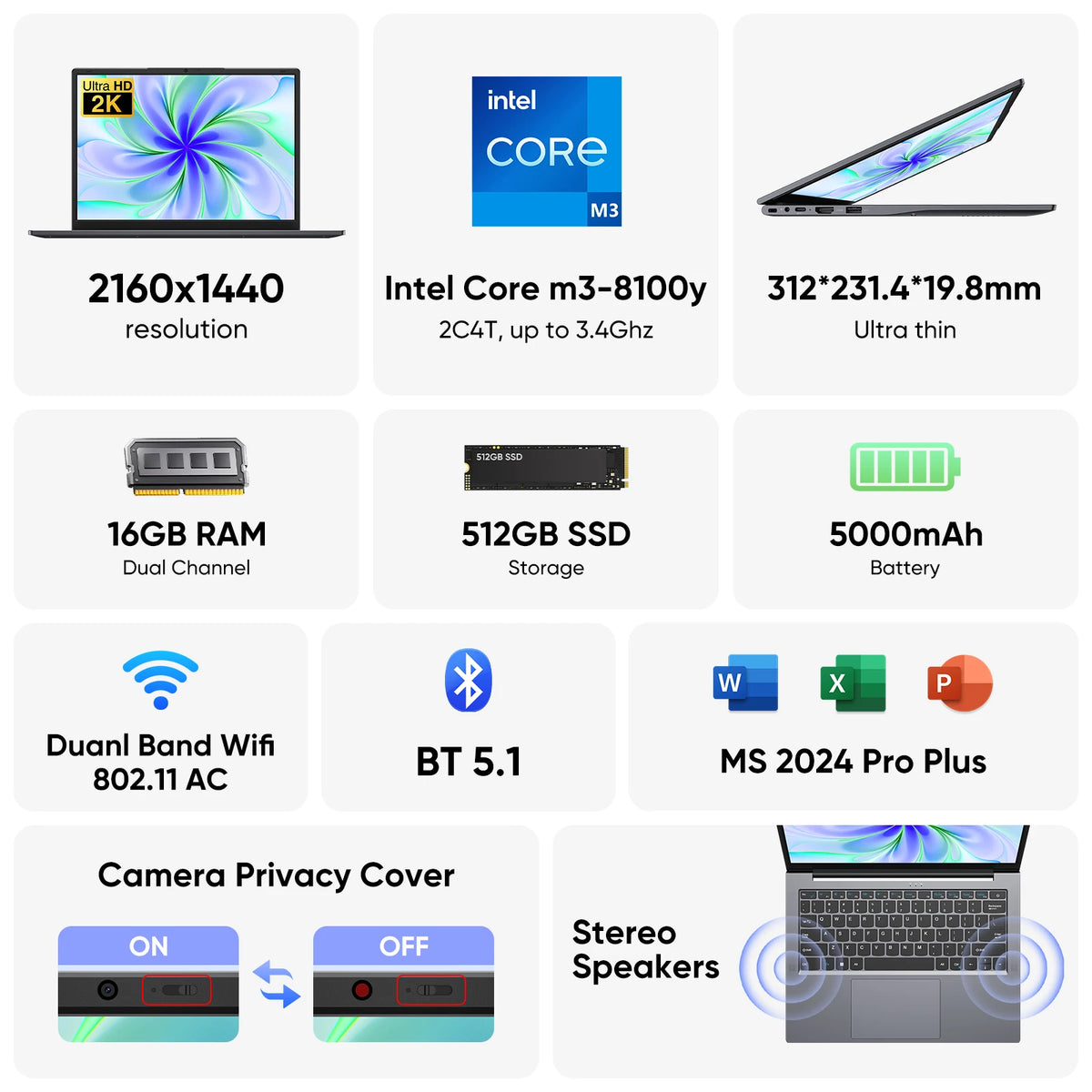 Zzenaero Windows 11 Pro Laptop With 14 Inch 2K Display