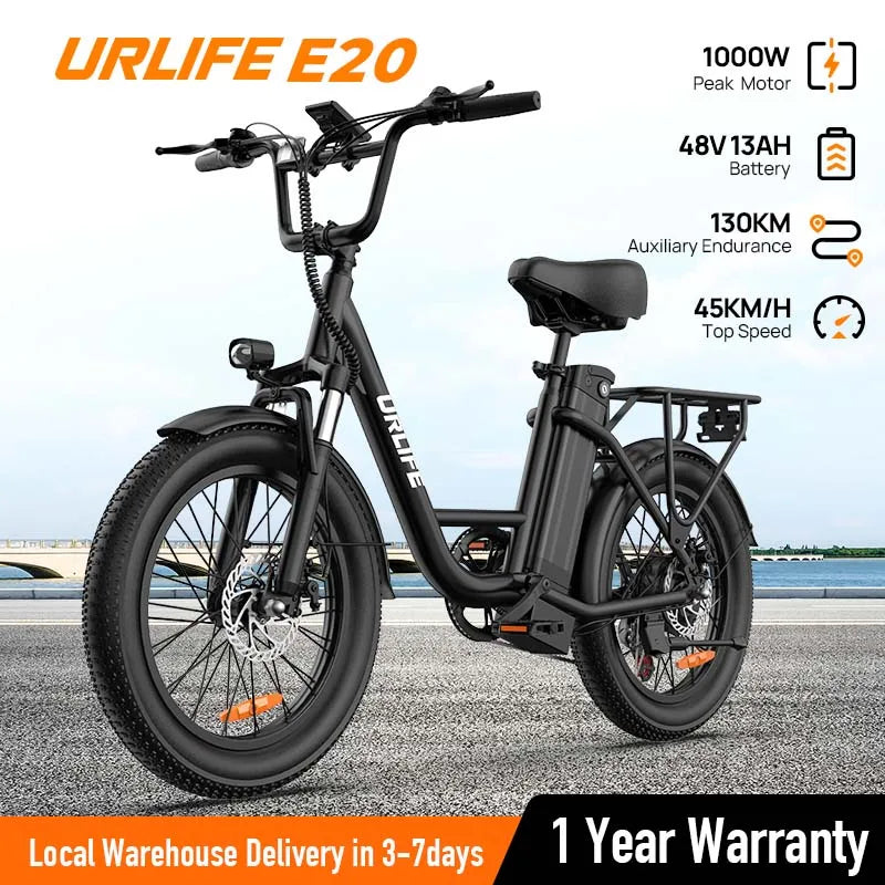 URLIFE 750W E20 Electric Bike | 48V 13Ah Removable Battery, 20MPH, 20''X3" Fat Tire, 7-Speed E-Bike with Dual Disc Brake