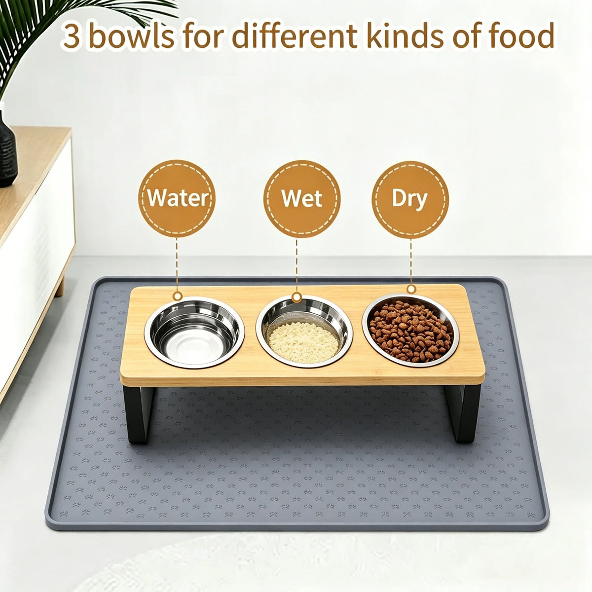 Elevated Bamboo Cat Feeder With Stainless Steel Bowls And Anti-Slip Mat