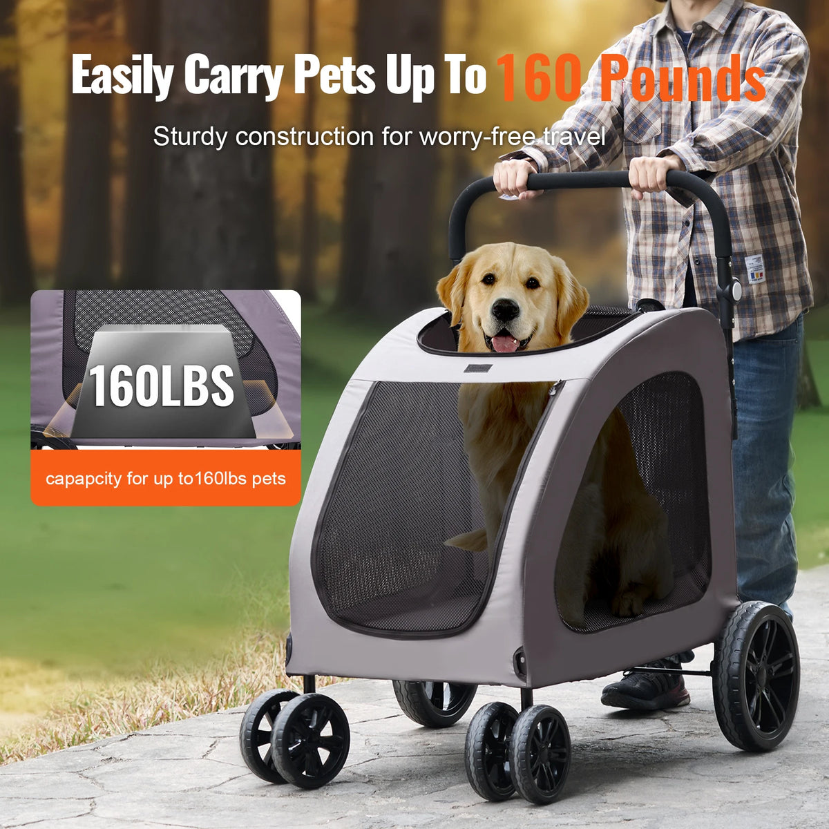 SucceBuy Pet Stroller 4 Wheels Dog Stroller with Brakes, 160lbs Weight Capacity Adjustable Height Animal Stroller for Cats &Dogs