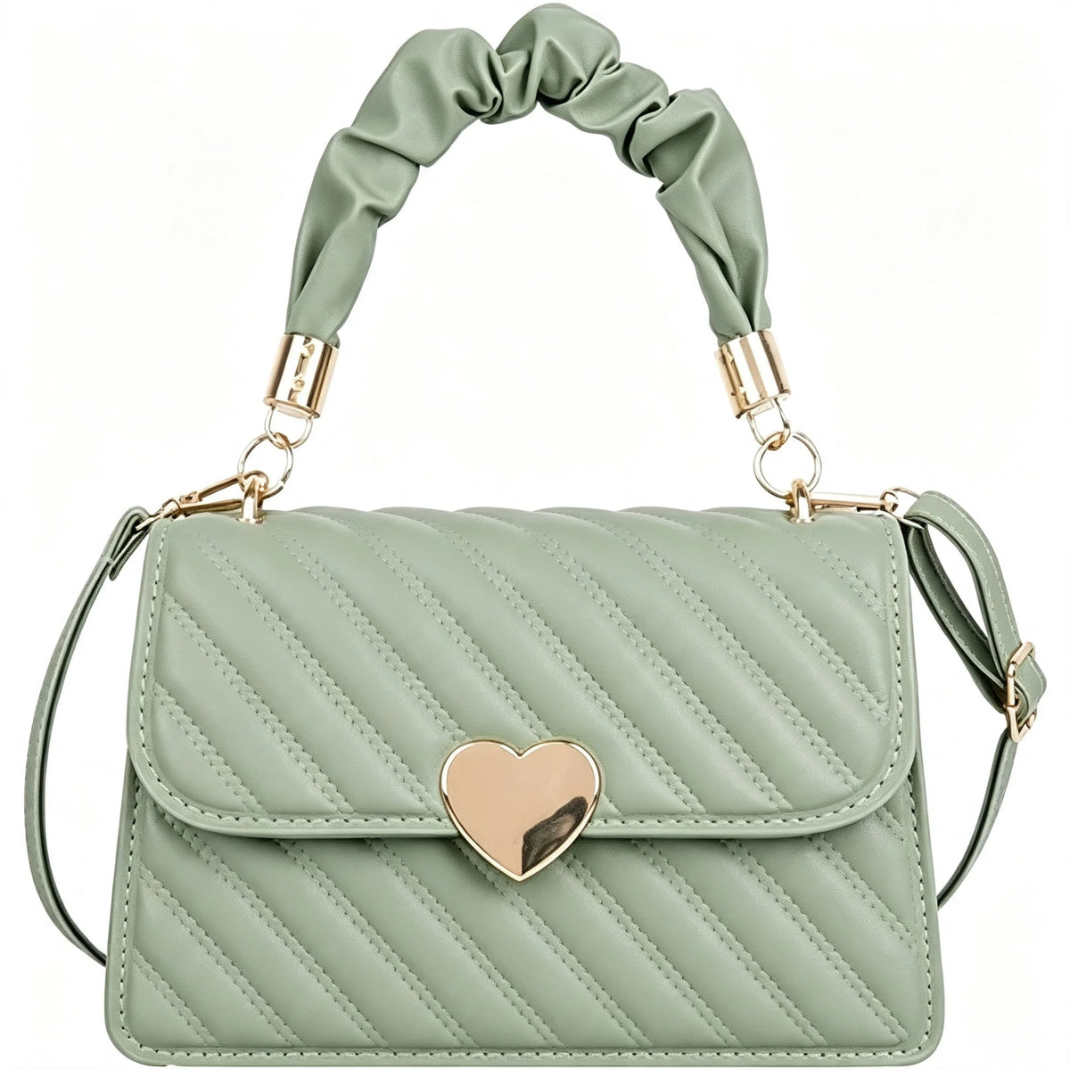 Quilted Crossbody Purse With Heart Lock And Ruched Handle