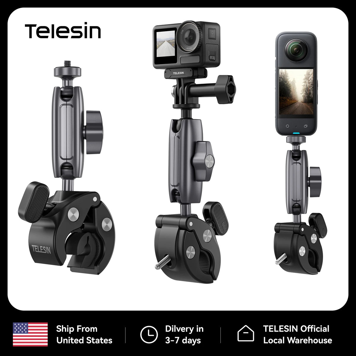 TELESIN Super Clamp Camera Mount Crab Claw with 360° Dual Ball Head Bike Bicycle Motorcycle Handlebar Holder for GoPro Mission 1 Pro DJI Osmo Pocket 4 3 Action 6 5 4 Insta360 Luna Ultra Xtra Muse