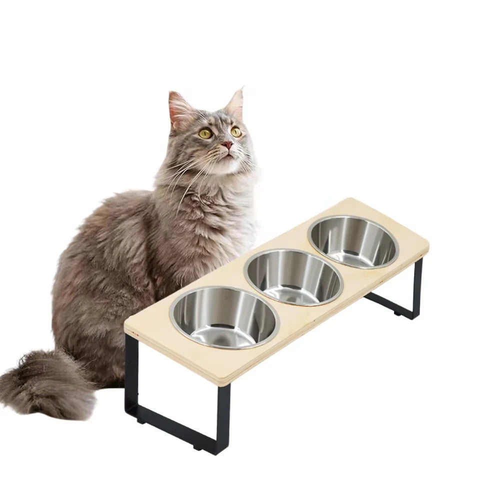 Elevated Bamboo Cat Feeder With Stainless Steel Bowls And Anti-Slip Mat