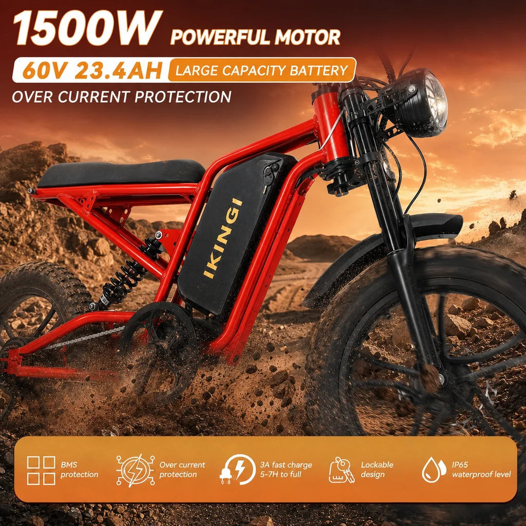 Full Suspension Electric Bike 1500W Peak, 60V 22Ah Long Range Battery, 7-Speed 35MPH Fat Tire Off-Road E-bike for Adults with LCD Display & Bright Headlight