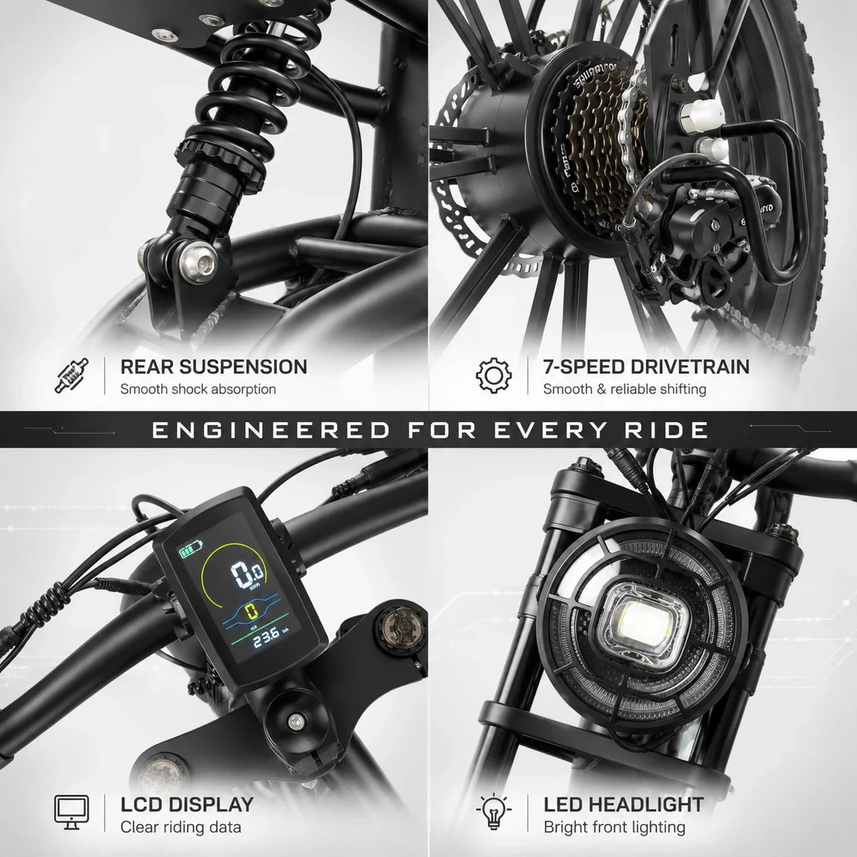Full Suspension Electric Bike 1500W Peak, 60V 22Ah Long Range Battery, 7-Speed 35MPH Fat Tire Off-Road E-bike for Adults with LCD Display & Bright Headlight