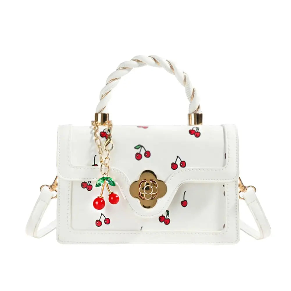 Women Cherry Print Twist Handle Crossbody Handbag With Removable Strap