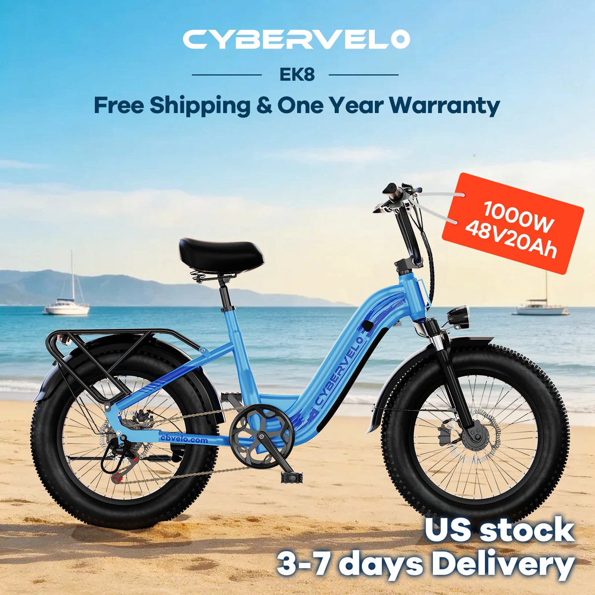 Cybervelo 1000W Peak Electric Bike Removable Battery Fat Tire