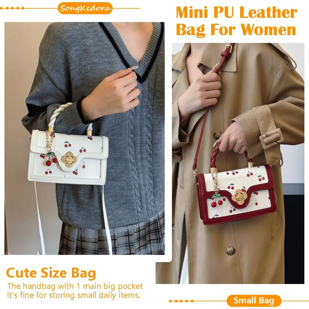 Women Cherry Print Twist Handle Crossbody Handbag With Removable Strap