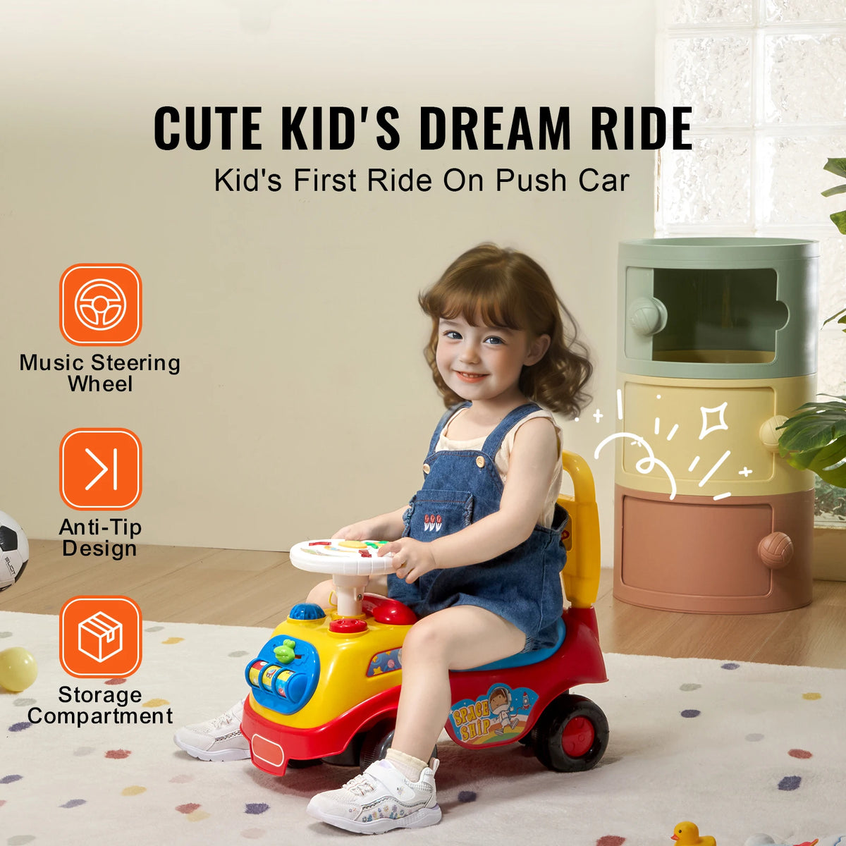 SucceBuy Toddler Ride On Push Car With Music Steering Wheel And Seat Storage