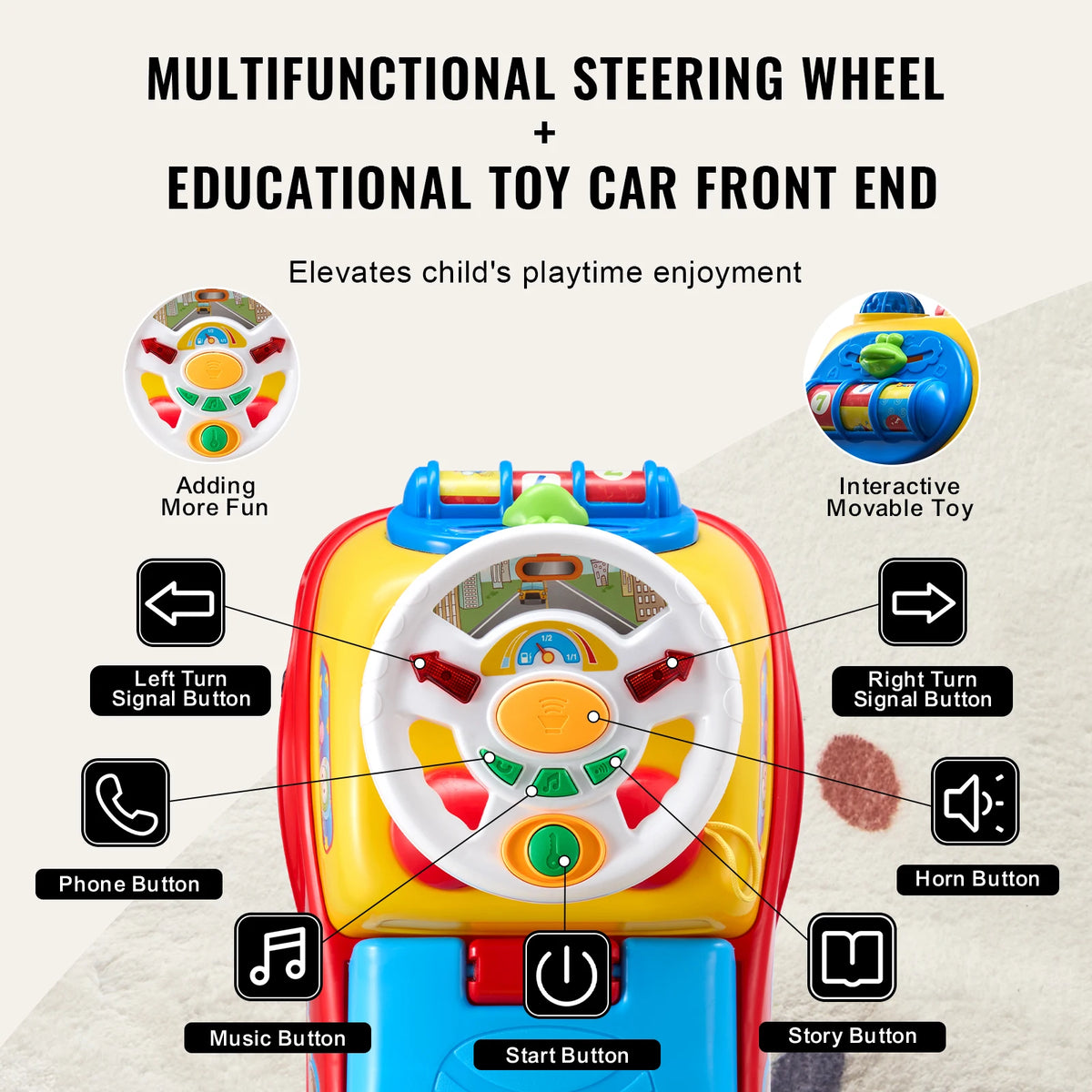 SucceBuy Toddler Ride On Push Car With Music Steering Wheel And Seat Storage
