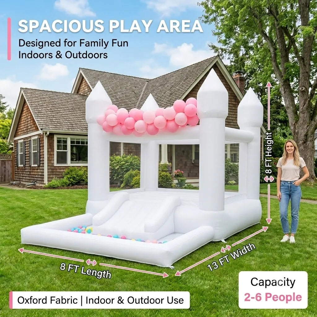 13x8x8ft Inflatable White Bounce House With Slide And Ball Pit