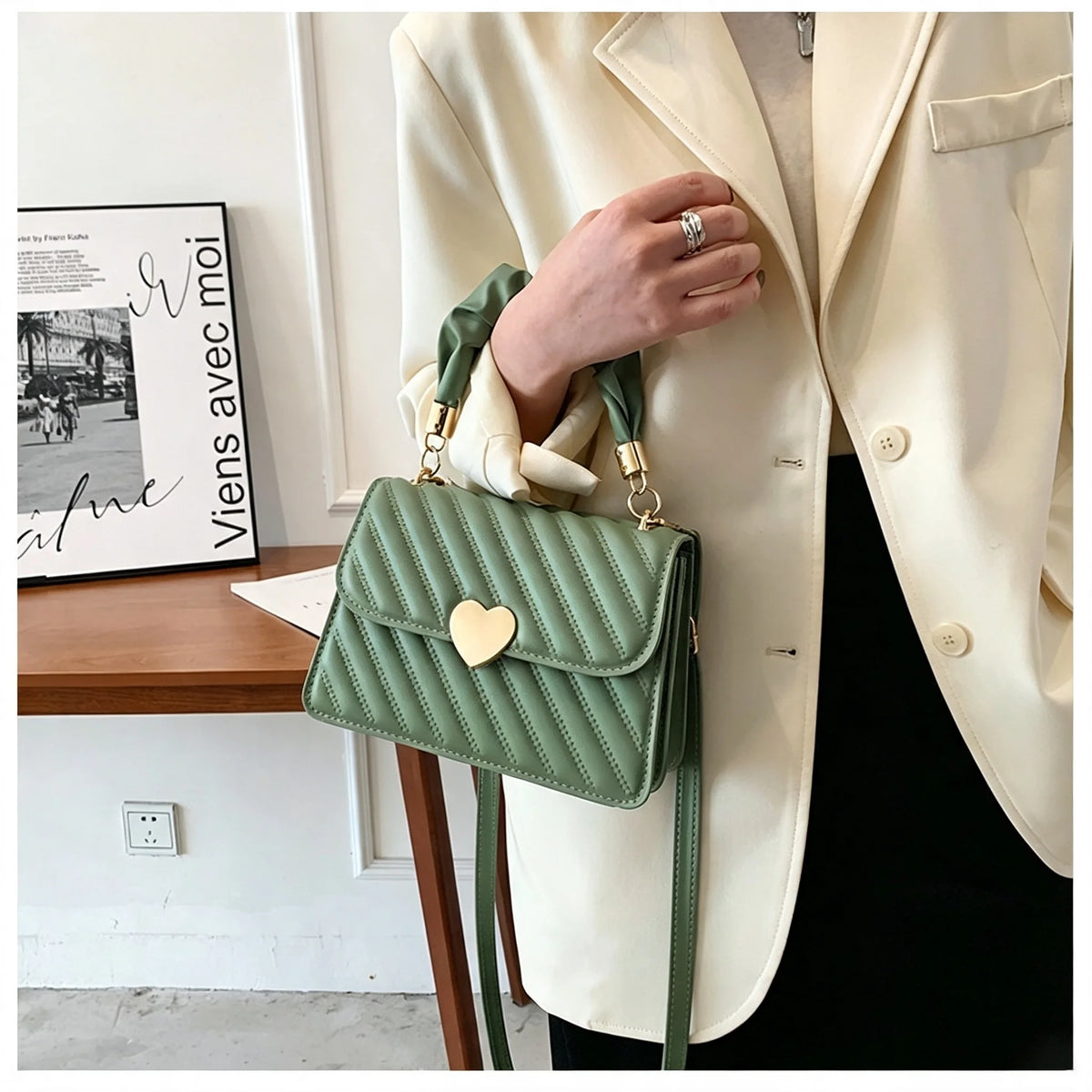 Quilted Crossbody Purse With Heart Lock And Ruched Handle
