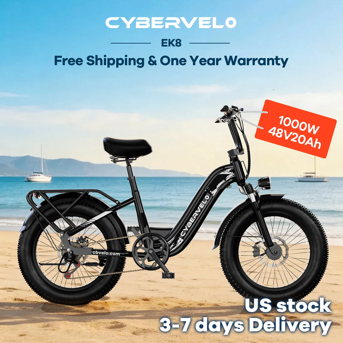 Cybervelo 1000W Peak Electric Bike Removable Battery Fat Tire