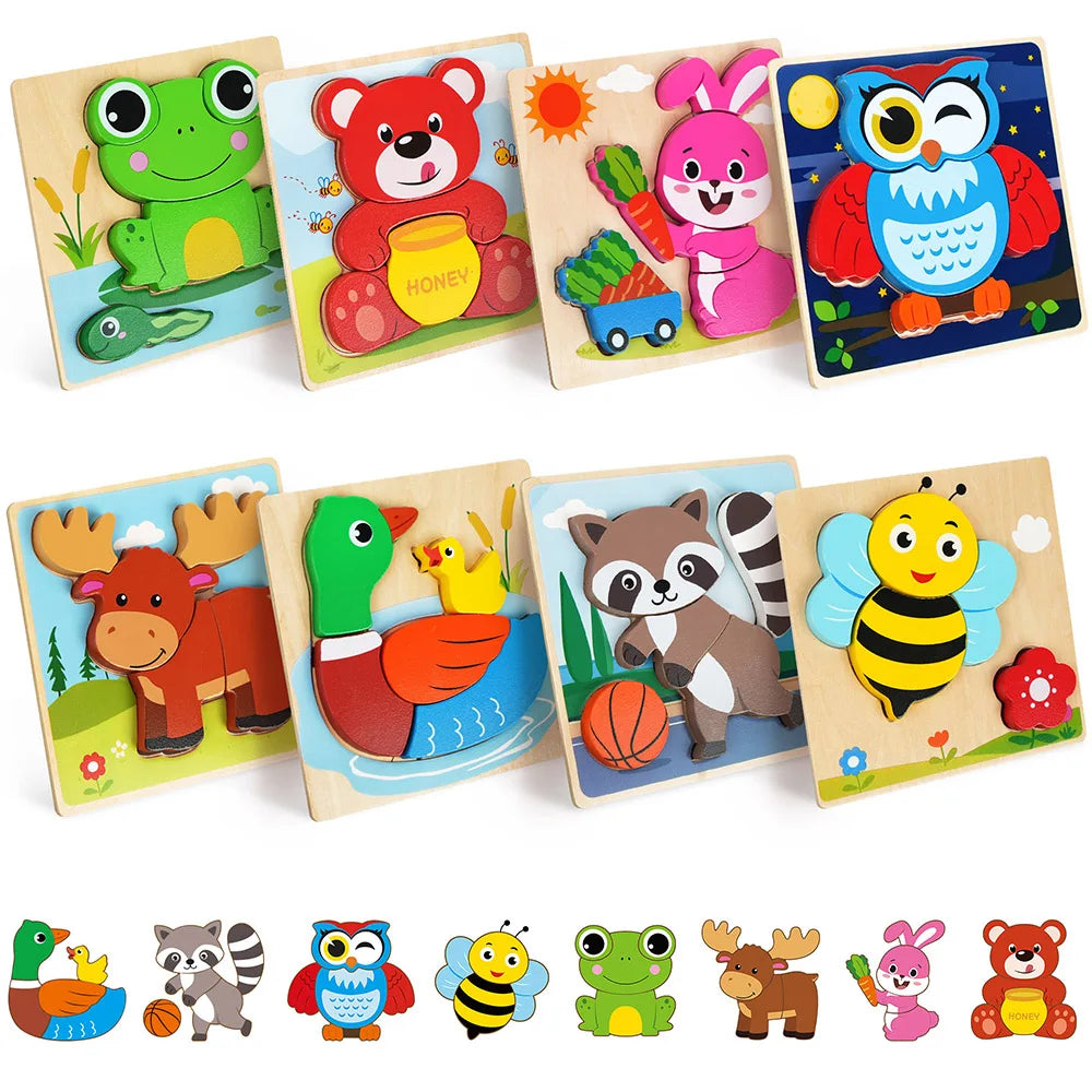 8 Pack Animal Wooden Puzzles For Toddlers Learning Toys