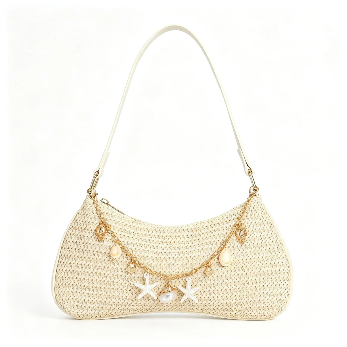 Women's Woven Straw Shoulder Bag With Starfish Shell Pendant