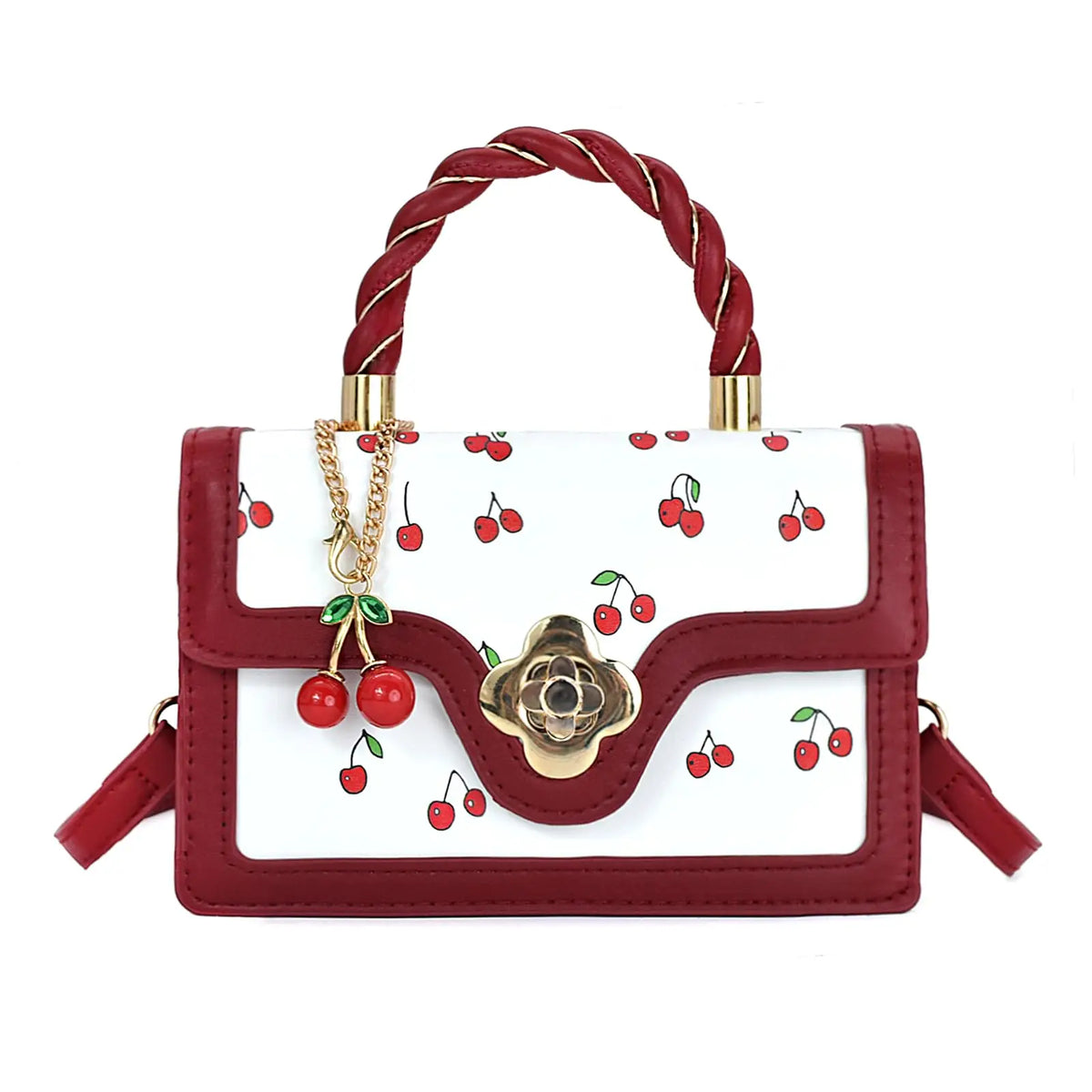 Women Cherry Print Twist Handle Crossbody Handbag With Removable Strap
