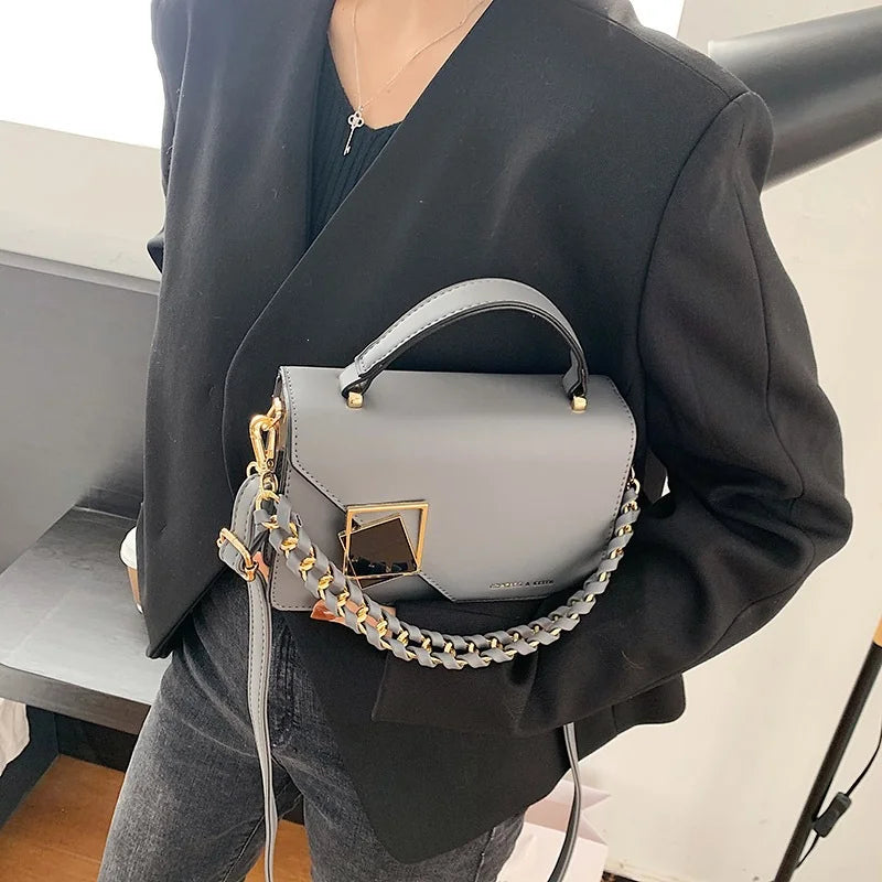 Square PU Leather Chain Crossbody Handbag With Metal Lock