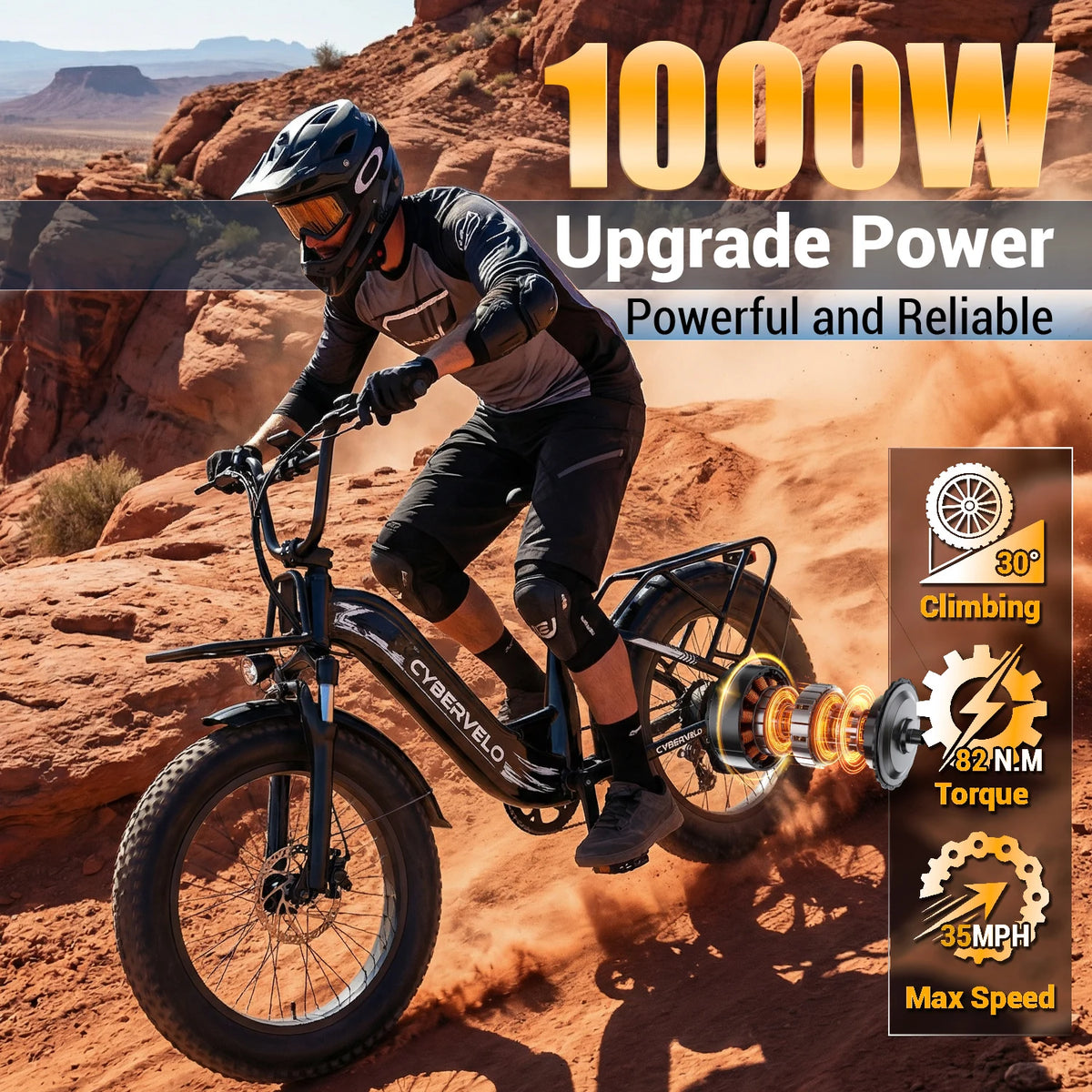 Cybervelo 1000W Peak Electric Bike Removable Battery Fat Tire