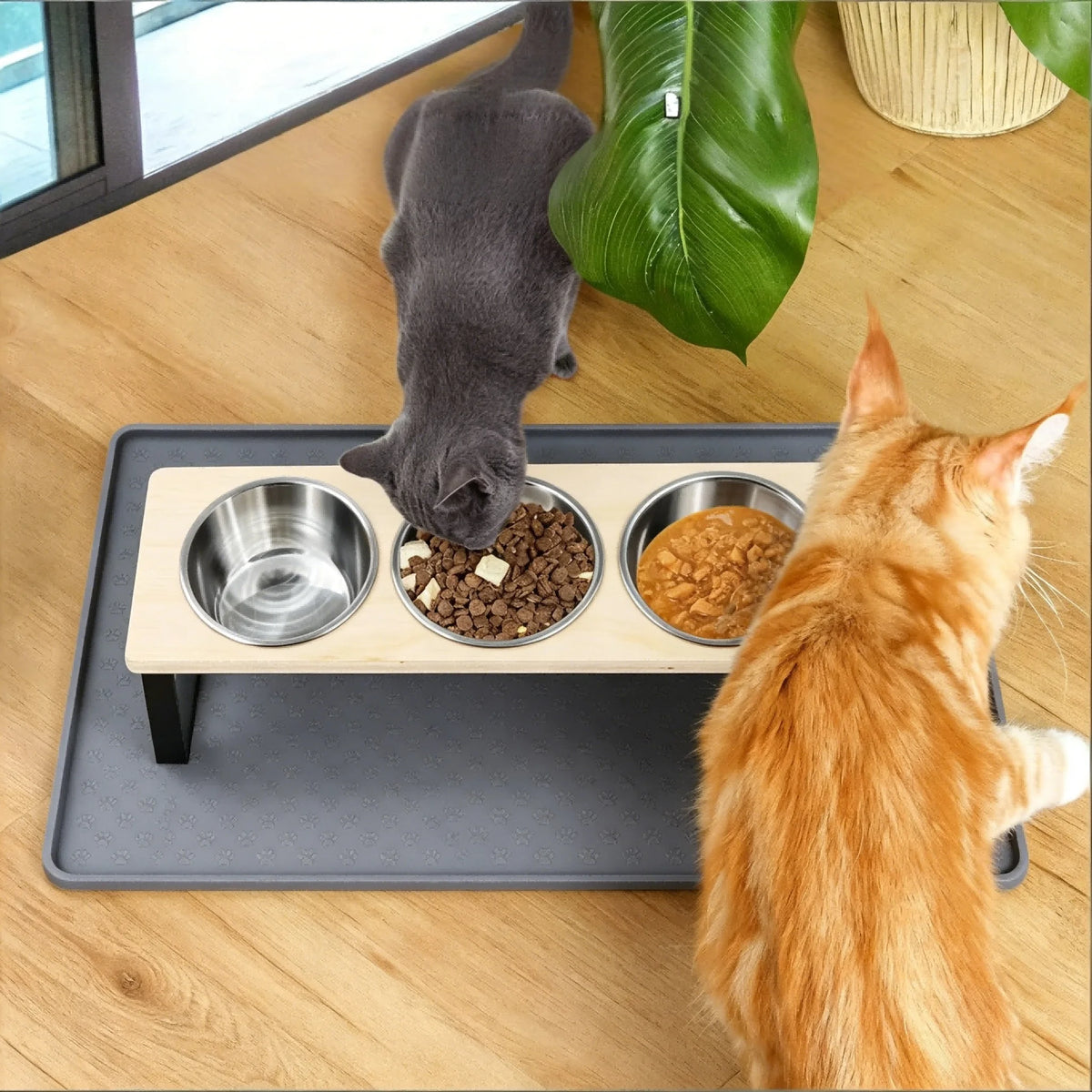 Elevated Bamboo Cat Feeder With Stainless Steel Bowls And Anti-Slip Mat