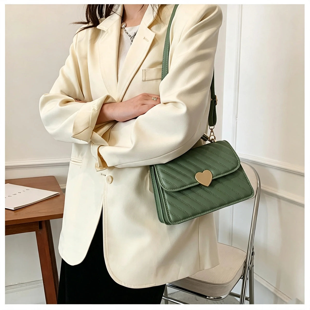 Quilted Crossbody Purse With Heart Lock And Ruched Handle