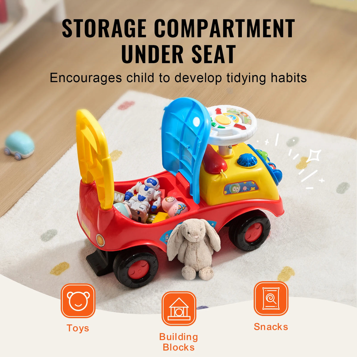 SucceBuy Toddler Ride On Push Car With Music Steering Wheel And Seat Storage
