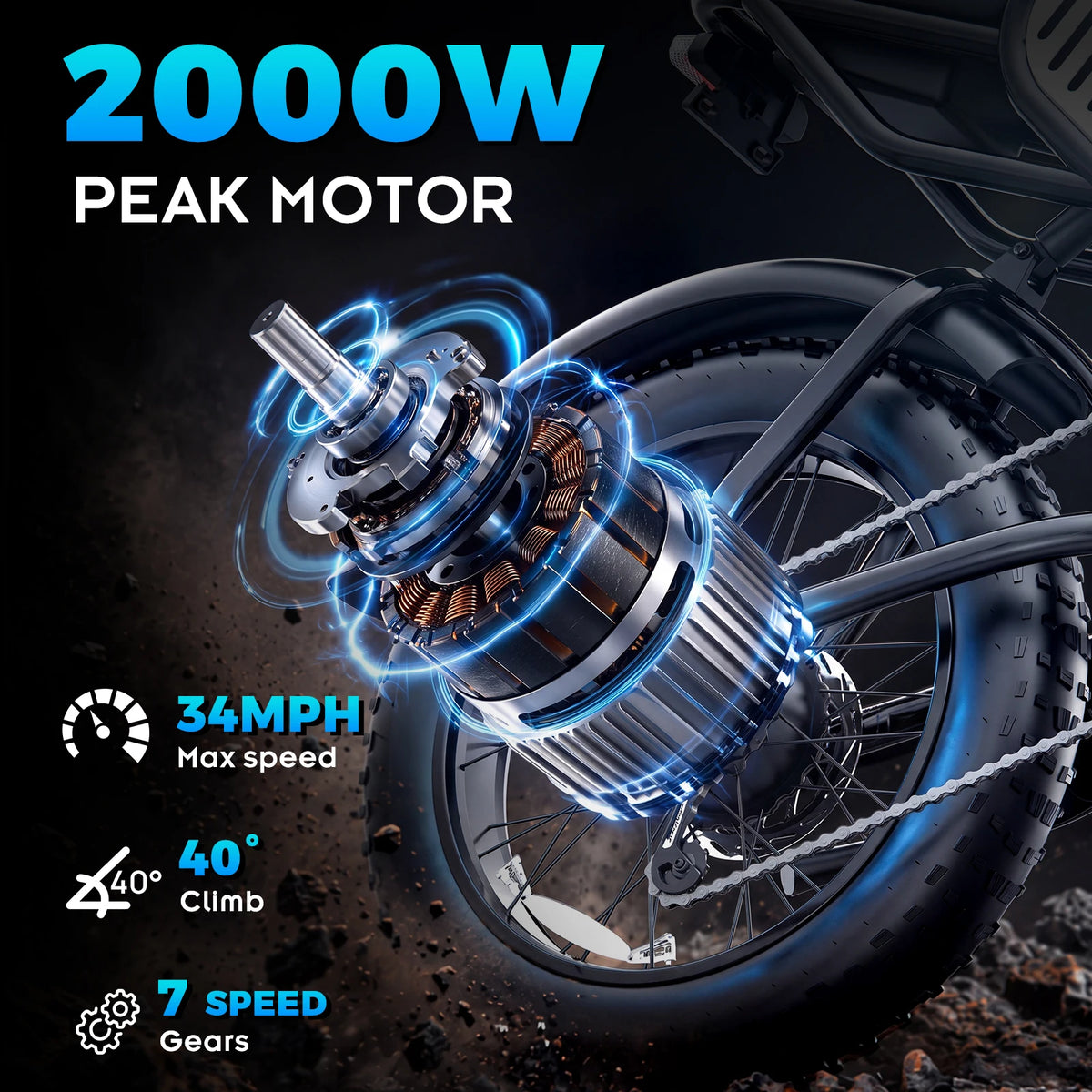 Ridstar Q50-25 2000W Electric Bike for Adults 48V 25Ah Detachable Battery 7 Speed 88 Miles Electric Motorcycle 20’’ Fat Tire E-Mou