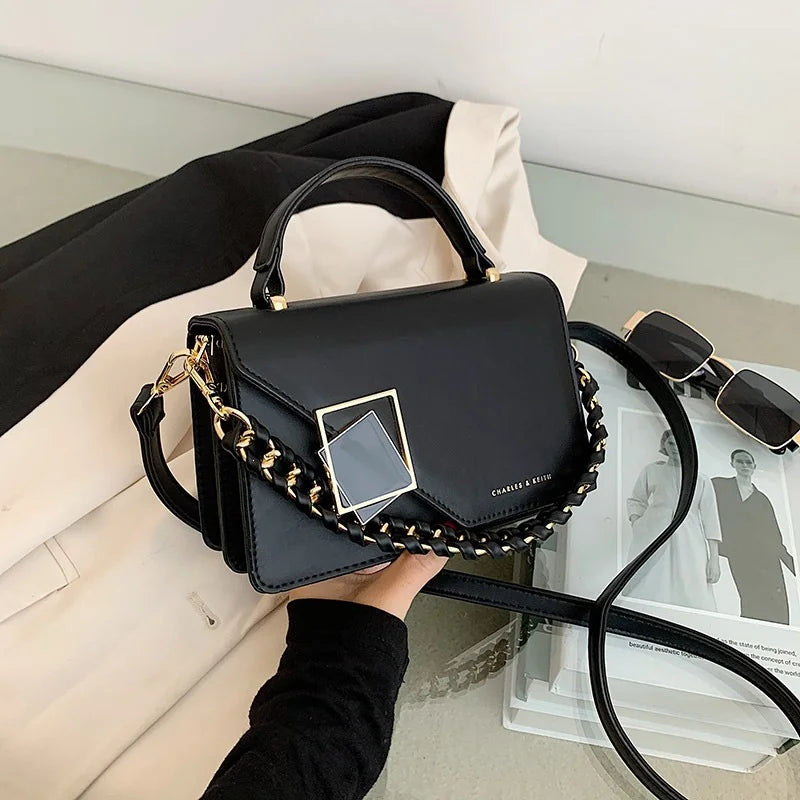 Square PU Leather Chain Crossbody Handbag With Metal Lock